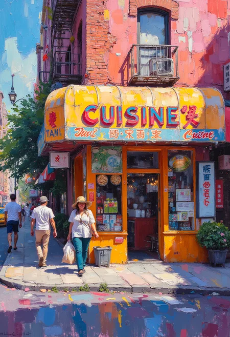 Impasto Painting, A woman holding bag of Chinese food walking in front of a Chinese Fast-food shop named "Chinese Cuisine" on a hot summer afternoon, a taxi, people walking, in the Bronx, colorful, contrasting colors, award winning painting, vibrant glow