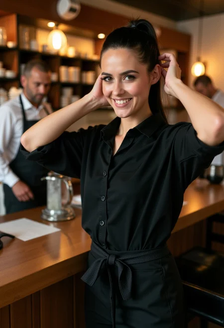 A slender woman in her early 20s, with a pixie cut and a playful smirk on her face. She is wearing a black collared button-up shirt with the sleeves rolled up to her elbows, tucked into fitted high-waisted black trousers. A black half-apron is tied snugly around her waist, with a towel tucked into the side. She's finishing tying her long, dark hair back into a sleek ponytail. Her makeup is simple and natural, with a touch of mascara and a swipe of tinted lip balm. She's standing behind a busy counter, surrounded by the bustling atmosphere of a cozy, rustic-chic bistro. perfection style, herbstphoto,