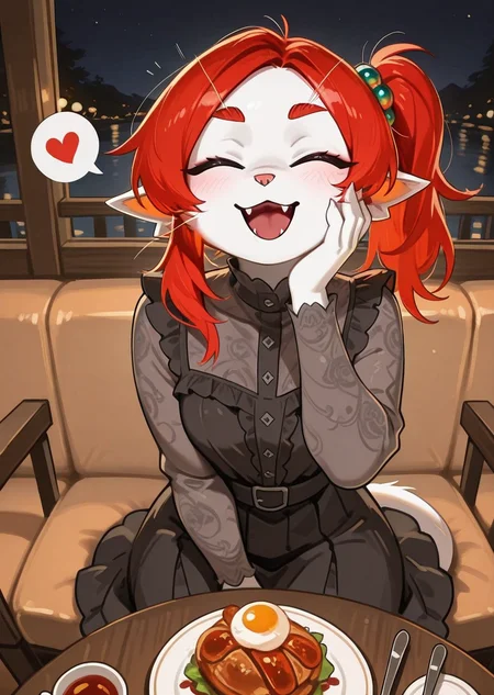 best quality, masterpiece, very aesthetic, absurdres,
Argemia, 1girl, closed eyes, solo, red hair, looking at viewer, pointy ears, furry, anthro, frilly dress, night, date, restaurant, food, sitting, pov, table, spoken heart, happy, hand on own face, spoon,open mouth,