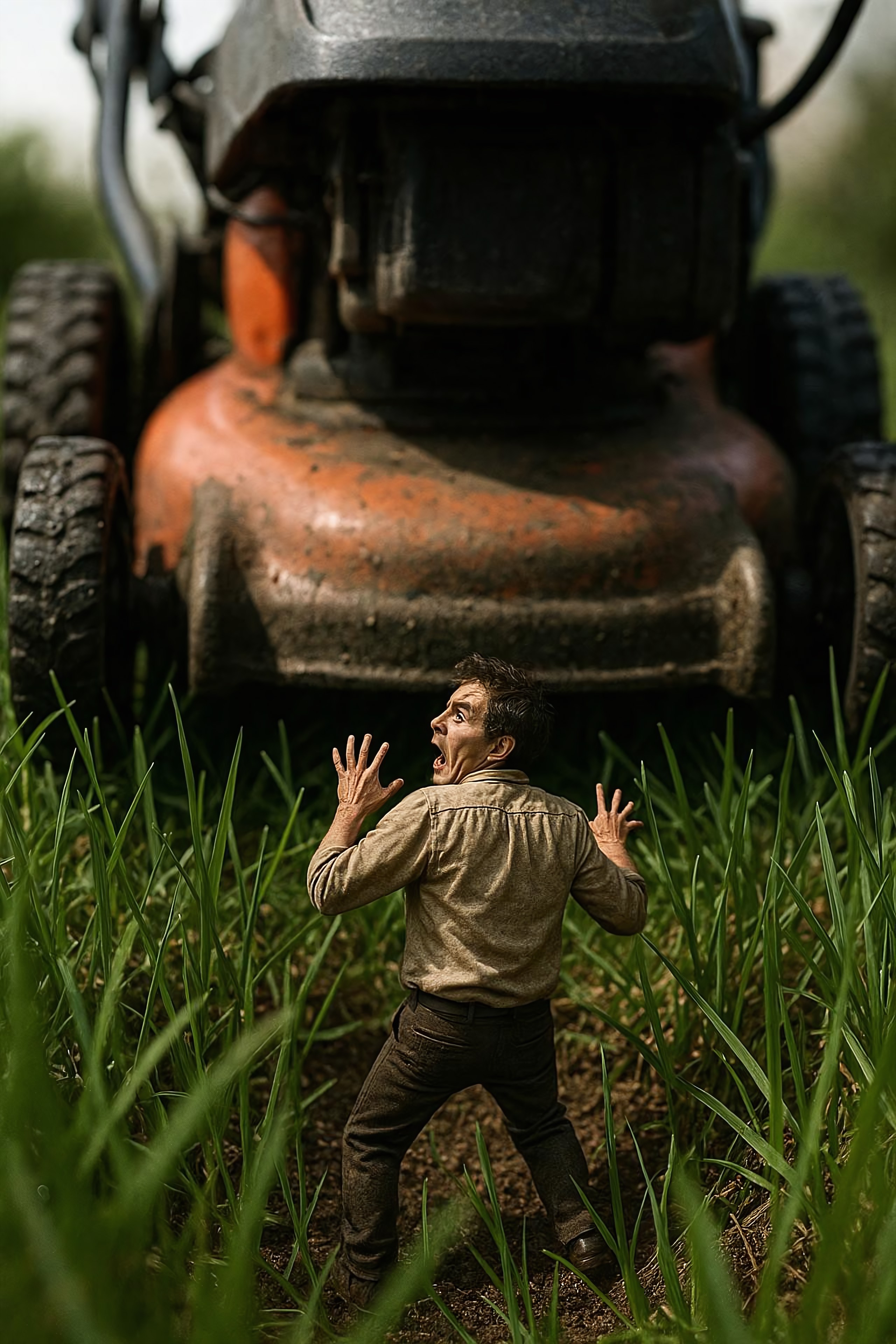 A beautiful realistic image from a miniature perspective, tiny tiny man, among blades of grass, looking up at a gigantic looming lawnmower, emphasizing the size difference, foreshortening style, a horror-esque image of the man in a panic as the lawnmower bears down upon him, from behind his back