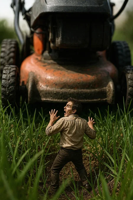 A beautiful realistic image from a miniature perspective, tiny tiny man, among blades of grass, looking up at a gigantic looming lawnmower, emphasizing the size difference, foreshortening style, a horror-esque image of the man in a panic as the lawnmower bears down upon him, from behind his back