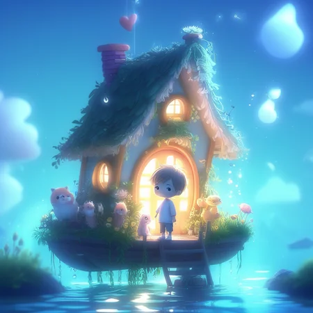 ArsMJStyle, Cute, Chibby, 1boy, holding an animal, standing in front of a floating house.
