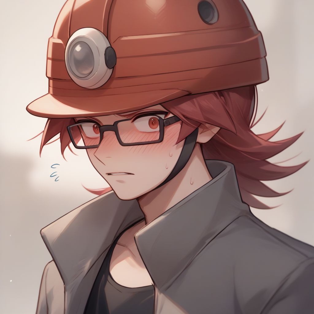 score_9,score_8_up,score_7_up,score_6_up,score_5_up,score_4_up, solo, 1boy, red hair, red eyes, medium hair, glasses, grey jacket, black shirt, sleeveless, grey pants, white gloves, red headwear, helmet, blush, embarassed, upper body, parted lips