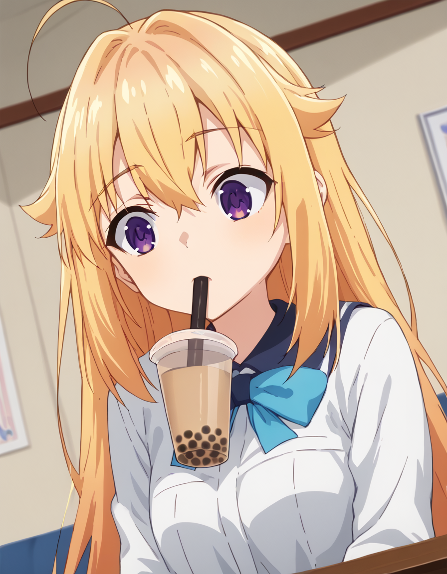 score_9, score_8_up, score_7_up, source_anime, <lora:torako-koshi-s1-ponyxl-lora-nochekaiser:1>, torako koshi, long hair, bangs, blonde hair, hair between eyes, very long hair, purple eyes, ahoge, sidelocks, hair flaps, <lora:bubble-tea-challenge-ponyxl-lora-nochekaiser:1>, bubble tea challenge, bubble tea, object on breast, drinking straw, drinking straw in mouth, drinking, cup,, indoors, sitting, looking down, , cowboy shot, dutch angle