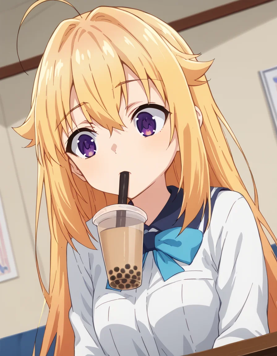 score_9, score_8_up, score_7_up, source_anime, <lora:torako-koshi-s1-ponyxl-lora-nochekaiser:1>, torako koshi, long hair, bangs, blonde hair, hair between eyes, very long hair, purple eyes, ahoge, sidelocks, hair flaps, <lora:bubble-tea-challenge-ponyxl-lora-nochekaiser:1>, bubble tea challenge, bubble tea, object on breast, drinking straw, drinking straw in mouth, drinking, cup,, indoors, sitting, looking down, , cowboy shot, dutch angle