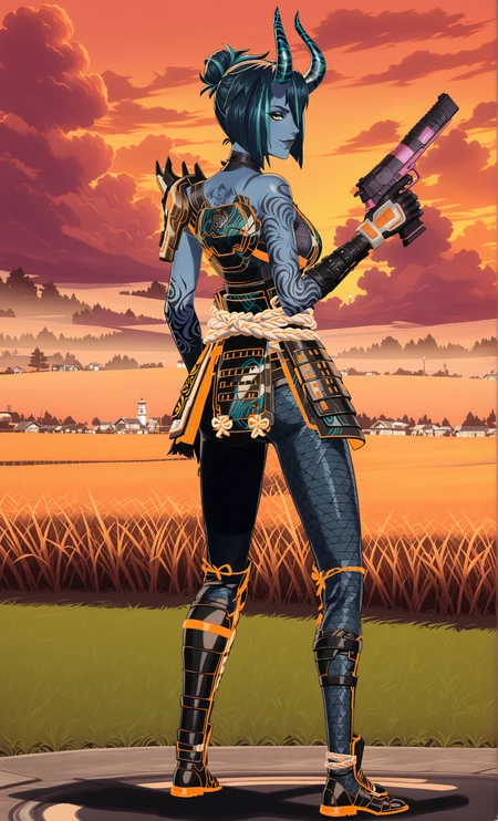 GLSHS,delicate colors,partially illuminated, (masterpiece, absurdres, very awa:1.4), golden hour, orange theme, sunset, field, grass, (full body:1.1), holding a handgun, (fortnitetacticalrimeflowrose:1.4), 1girl, short hair, bob cut, bangs, blunt bangs, ponytail, single hair bun, blue hair, green hair, white hair, black hair, multicolored hair, hair over one eye, hair between eyes, yellow eyes, colored skin, blue skin, smirk, closed mouth, mole, moles, mole under mouth, moles under mouth, bare shoulders, off shoulder, choker, black choker, horns, spikes, armor, japanese armor, shoulder armor, gloves, elbow gloves, fingerless gloves, black gloves, fishnets, pantyhose, fishnet pantyhose, belt, tattoo, arm tattoo, back tattoo, jewelry, breasts, pants, high heels <lora:GLSHS-IL:0.8>, <lora:Fortnite_The_Night_Rose_All_Outfits_ILXL:1>