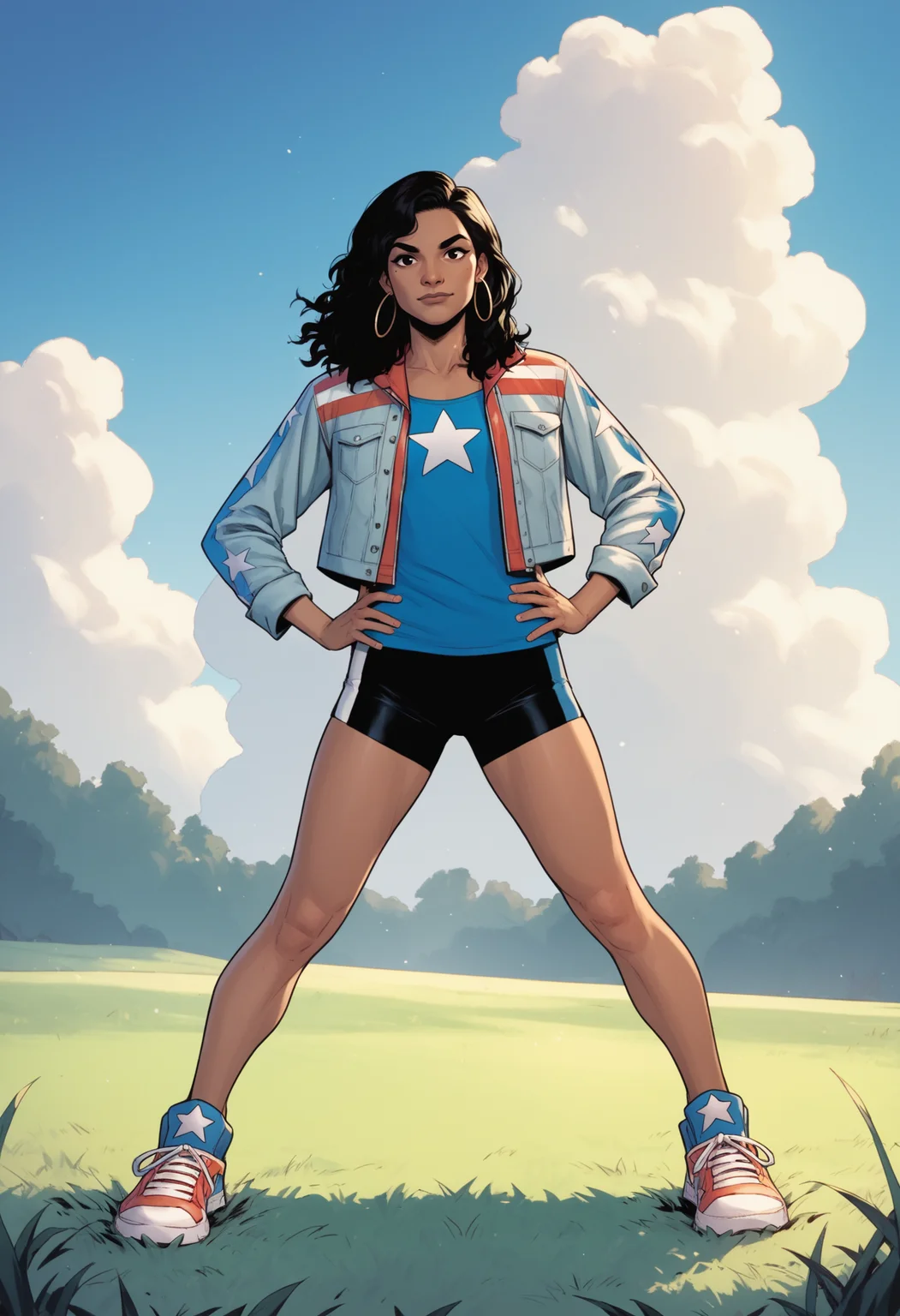 score_9, score_8_up, score_7_up, score_6_up, score_5_up, score_4_up, BREAK,
1girl, amechavez, black hair, dark skin,
bike shorts, blue shirt, hoop earrings, jacket, open jacket, sneakers, star print,
hands on hips, looking at viewer, standing, full body, looking at viewer, solo, outdoors, grass, blue sky, moutains background <lora:AmericaChavezXL:1>