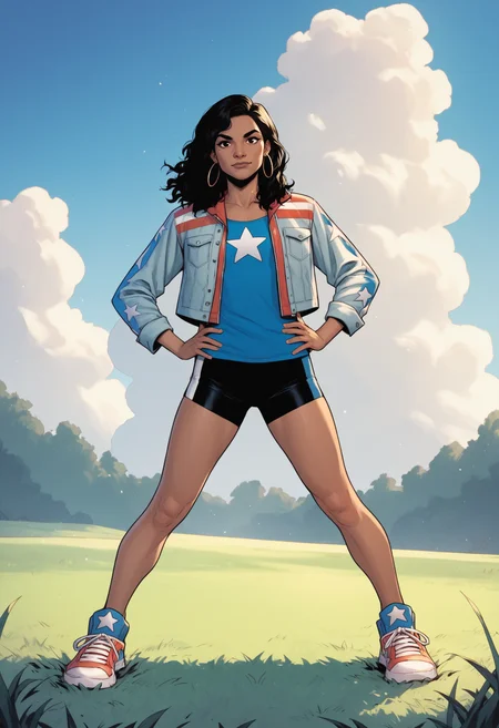 score_9, score_8_up, score_7_up, score_6_up, score_5_up, score_4_up, BREAK,
1girl, amechavez, black hair, dark skin,
bike shorts, blue shirt, hoop earrings, jacket, open jacket, sneakers, star print,
hands on hips, looking at viewer, standing, full body, looking at viewer, solo, outdoors, grass, blue sky, moutains background <lora:AmericaChavezXL:1>