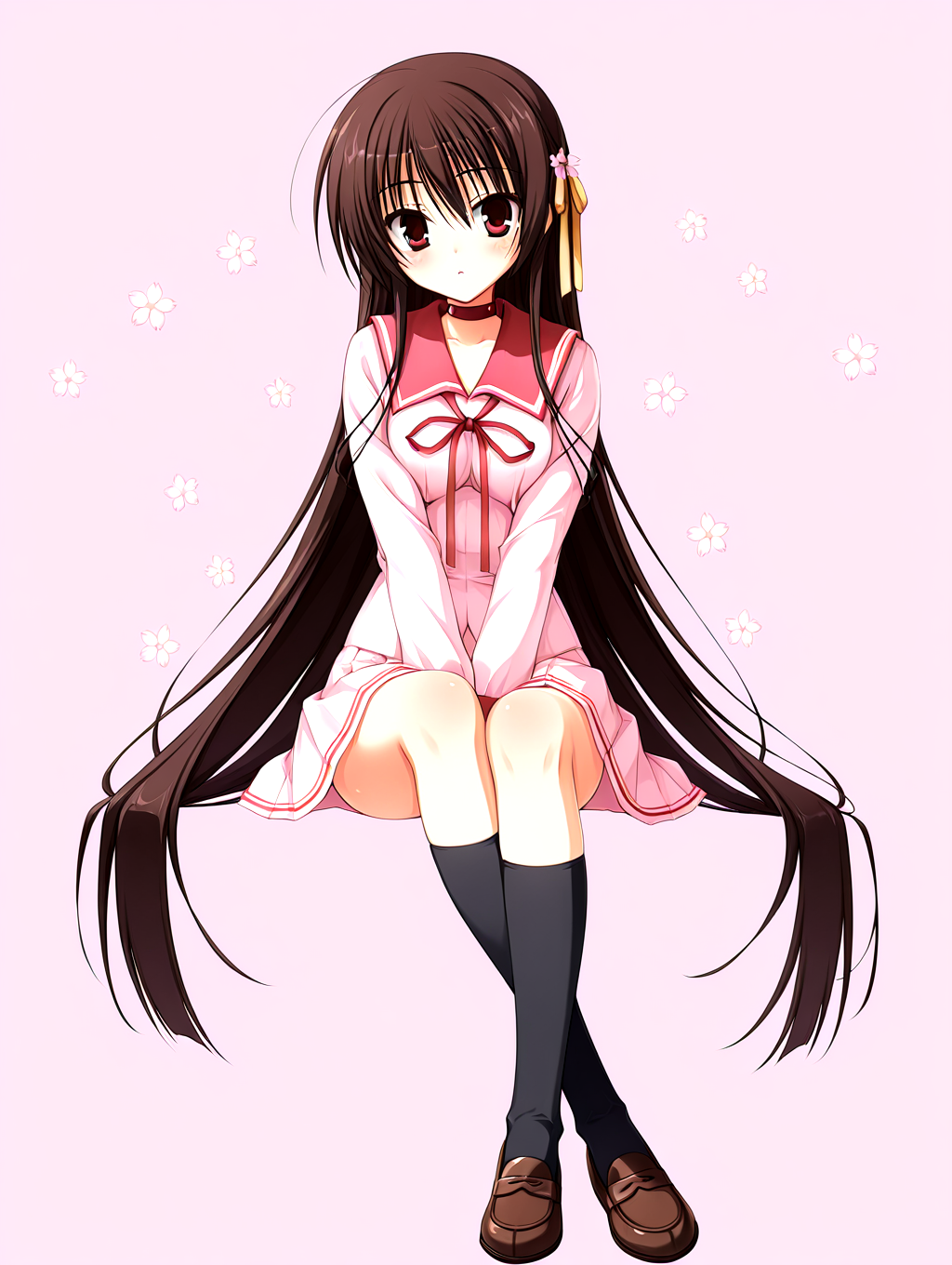<lora:sakuyahime-tenshin-000009:1>,il-unohana-sakuya,1girl,schoolkamiseara,red eyes,school uniform,brown hair,(red thin neck_ribbon),solo,pink serafuku,red sailor collar,very long hair,(sakura flower yellow hair ribbon),black socks,pleated skirt,brown loafers,
<lora:add-detail-xl:1>,<lora:ponyv4_noob1_2_adamW-000017:0.8>,wear clothes,