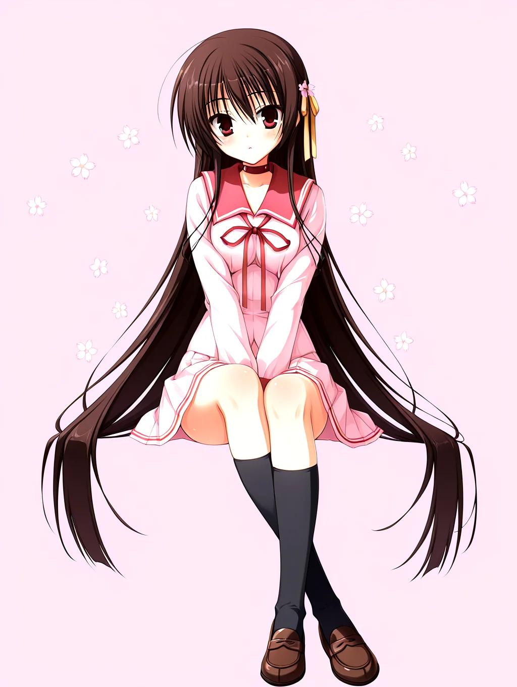 <lora:sakuyahime-tenshin-000009:1>,il-unohana-sakuya,1girl,schoolkamiseara,red eyes,school uniform,brown hair,(red thin neck_ribbon),solo,pink serafuku,red sailor collar,very long hair,(sakura flower yellow hair ribbon),black socks,pleated skirt,brown loafers,
<lora:add-detail-xl:1>,<lora:ponyv4_noob1_2_adamW-000017:0.8>,wear clothes,