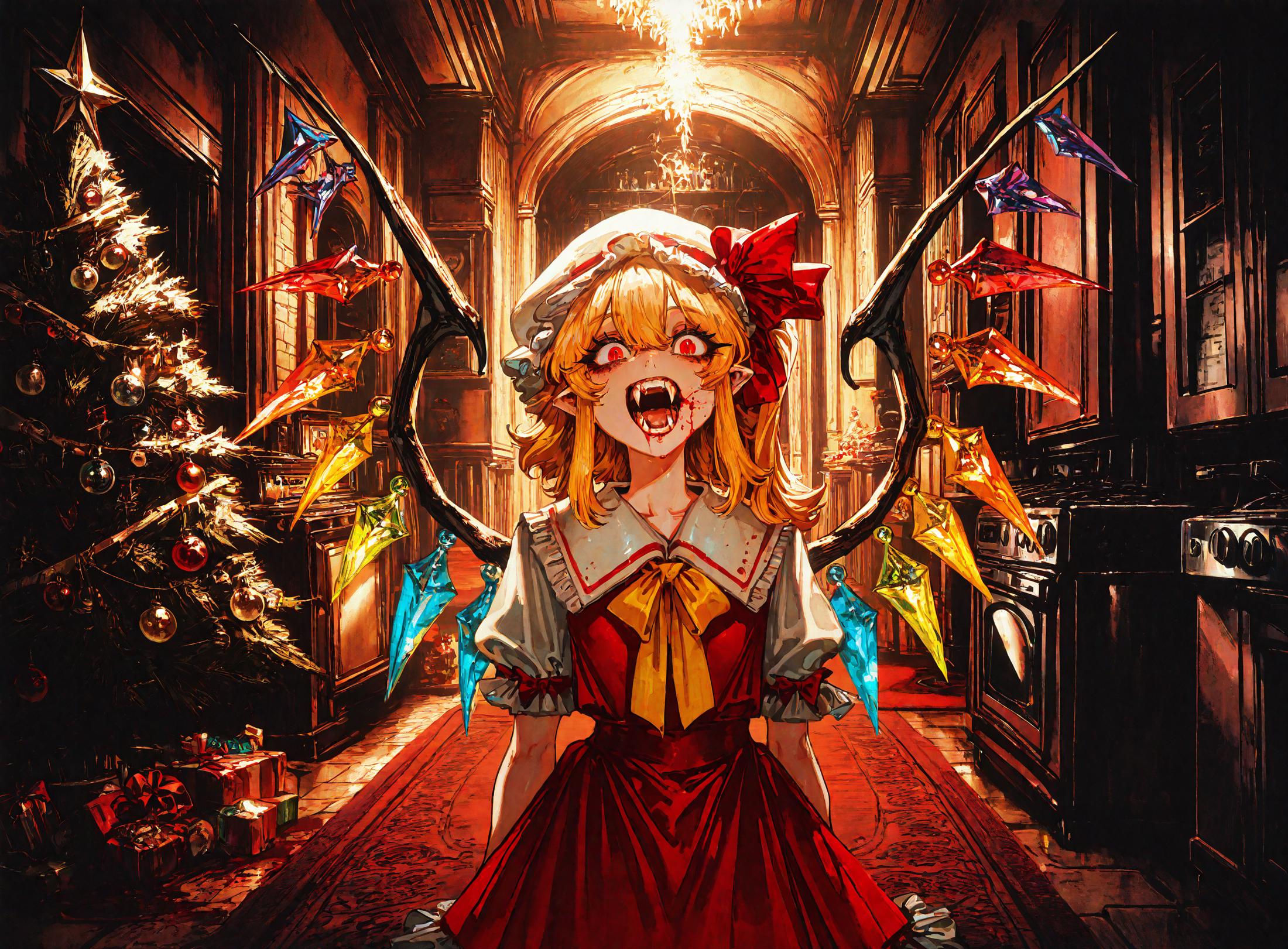 1girl,flandre_scarlet, blonde_hair ,blood ,blood_in_mouth ,crystal_wings, dress, fangs, hair_between_eyes ,hat , open_mouth, red_dress, red_eyes, red_moon, ribbon, sidelocks, vampire ,white_hat ,yellow_ribbon,
chrlib, scenery, indoors, living room, night, oven, christmas tree, christmas ornaments, red carpet,
, Fishine,ireading ,noya_makoto ,quasarcake, retro_artstyle, retro,looking_at_viewer ,
masterpiece, best quality, amazing quality, very aesthetic, absurdres,  newest, <lora:ponyv5_noobE11_1_adamW:0.6>, <lora:add-detail-xl:0.5>, <lora:cfg_scale_boost:0.5>, <lora:retro_scifi_artstyle:0.6>, <lora:USNR STYLE_XL_loha:0.6>, <lora:Christmas living room:0.6>