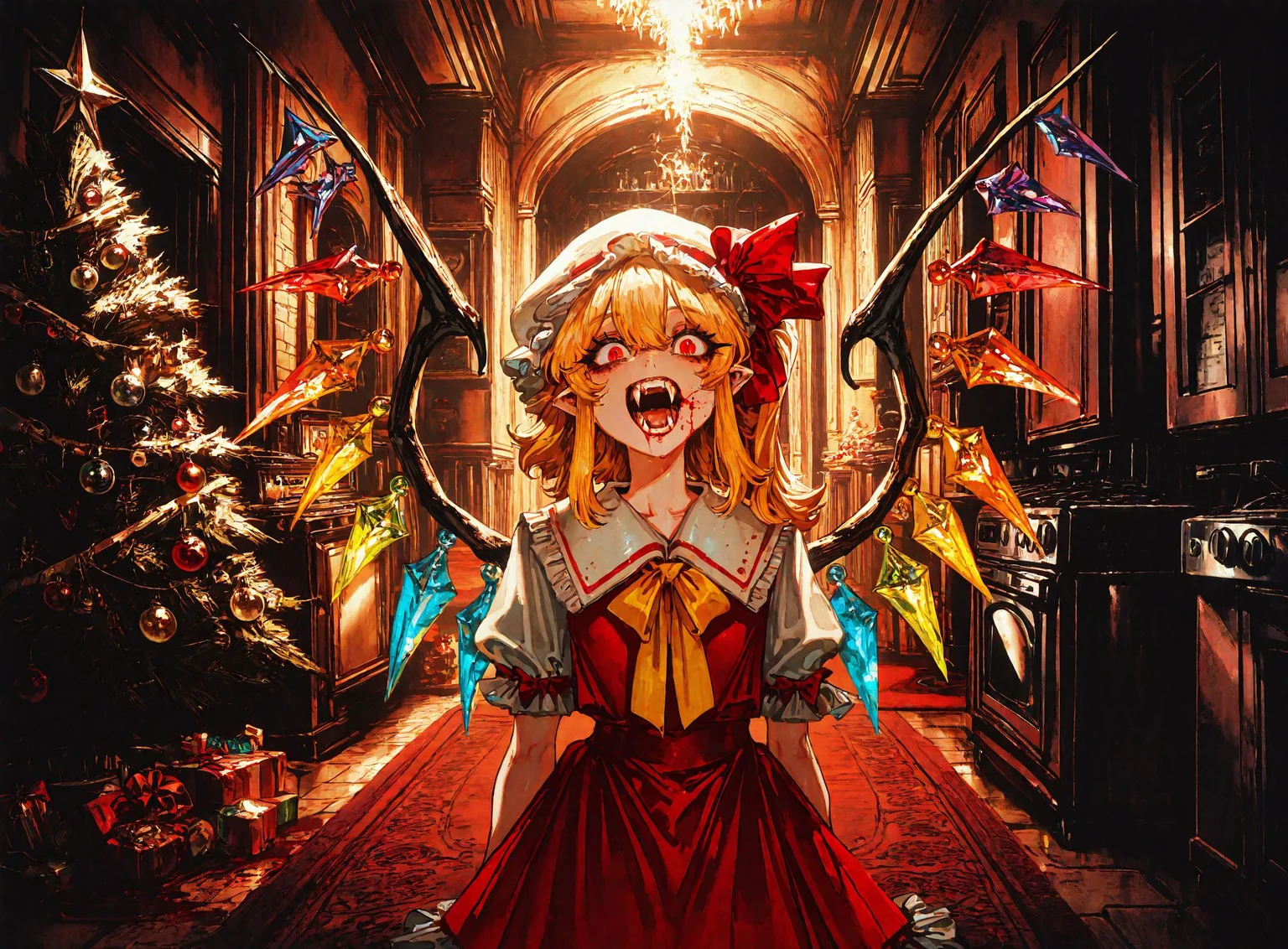 1girl,flandre_scarlet, blonde_hair ,blood ,blood_in_mouth ,crystal_wings, dress, fangs, hair_between_eyes ,hat , open_mouth, red_dress, red_eyes, red_moon, ribbon, sidelocks, vampire ,white_hat ,yellow_ribbon,
chrlib, scenery, indoors, living room, night, oven, christmas tree, christmas ornaments, red carpet,
, Fishine,ireading ,noya_makoto ,quasarcake, retro_artstyle, retro,looking_at_viewer ,
masterpiece, best quality, amazing quality, very aesthetic, absurdres, newest, <lora:ponyv5_noobE11_1_adamW:0.6>, <lora:add-detail-xl:0.5>, <lora:cfg_scale_boost:0.5>, <lora:retro_scifi_artstyle:0.6>, <lora:USNR STYLE_XL_loha:0.6>, <lora:Christmas living room:0.6>