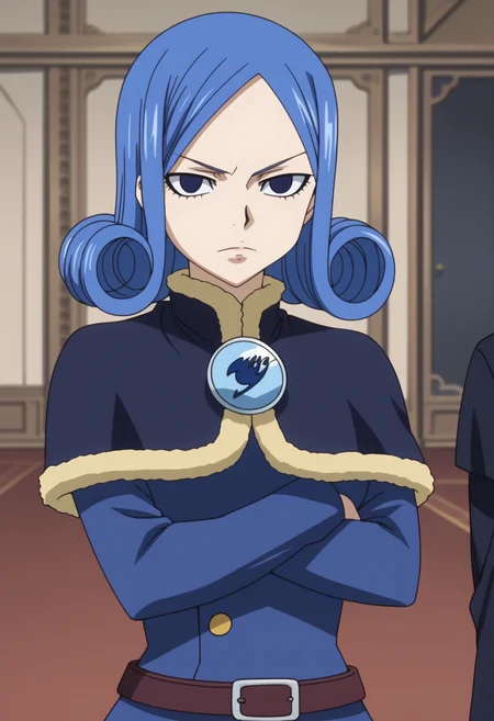 score_9, score_8_up, score_7_up, anime screencap, BREAK, 1girl, solo,   <lora:DX888Juvia:1>, juvia lockser, blue hair, curly hair, blue eyes,  dress, belt, capelet, fur trim, brooch, pantyhose, boots, BREAK solo,crossed arms, upper body , looking at viewer,, short hair,