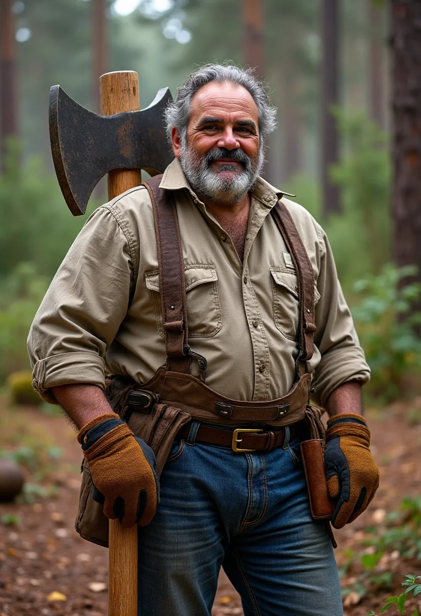 yfg-l3ms, YFG-Th3Dud3 a powerful 57-year-old lumberjack, rolled-up sleeves, thick gloves, leaning on a massive axe in a forest clearing