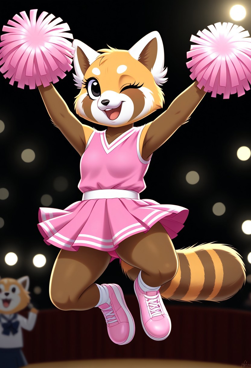 (detailed texture, digital artwork, improved quality, soft shading, cartoon, black borders:1.2), ((stage, audience, lights, blurred background)), (((solo))), ((orange-brown fur, textured fur, anthro red panda, female, Retsuko_(Aggretsuko):1.0)), ((snout, ears, tail, claws, black eyes, eyelashes)), ((pink k-pop outfit, skirt, pompoms:1.2)), ((happy, one eye closed, jumping, posing, looking up)),