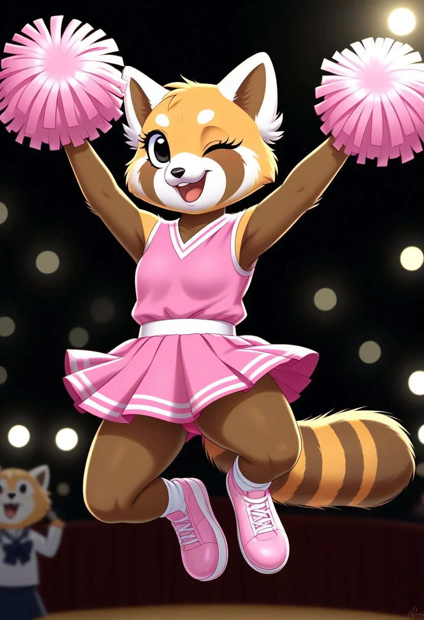 (detailed texture, digital artwork, improved quality, soft shading, cartoon, black borders:1.2), ((stage, audience, lights, blurred background)), (((solo))), ((orange-brown fur, textured fur, anthro red panda, female, Retsuko_(Aggretsuko):1.0)), ((snout, ears, tail, claws, black eyes, eyelashes)), ((pink k-pop outfit, skirt, pompoms:1.2)), ((happy, one eye closed, jumping, posing, looking up)),