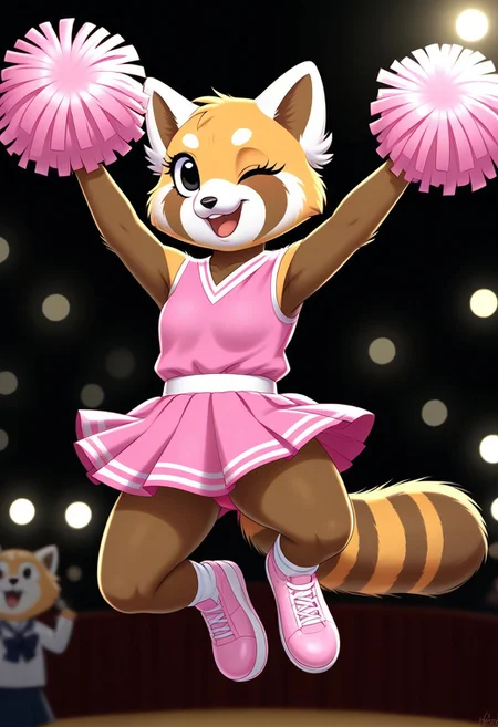 (detailed texture, digital artwork, improved quality, soft shading, cartoon, black borders:1.2), ((stage, audience, lights, blurred background)), (((solo))), ((orange-brown fur, textured fur, anthro red panda, female, Retsuko_(Aggretsuko):1.0)), ((snout, ears, tail, claws, black eyes, eyelashes)), ((pink k-pop outfit, skirt, pompoms:1.2)), ((happy, one eye closed, jumping, posing, looking up)),