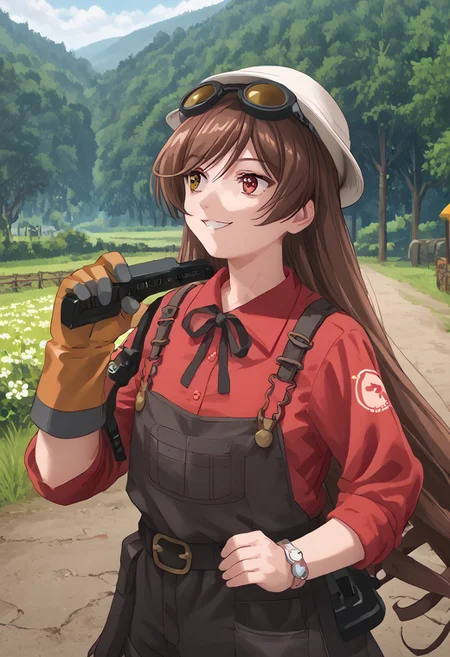 score_9, score_8_up, score_7_up, score_6_up, high resolution, gorgeous, absurdres, best quality, anime screencap, source_anime, Expressiveh, 1girl, outdoors, daytime, suiseiseki, def, hardhat, sunglasses, single glove, redengie, red shirt, overalls, solo, brown hair, twin drills, heterochromia, smile