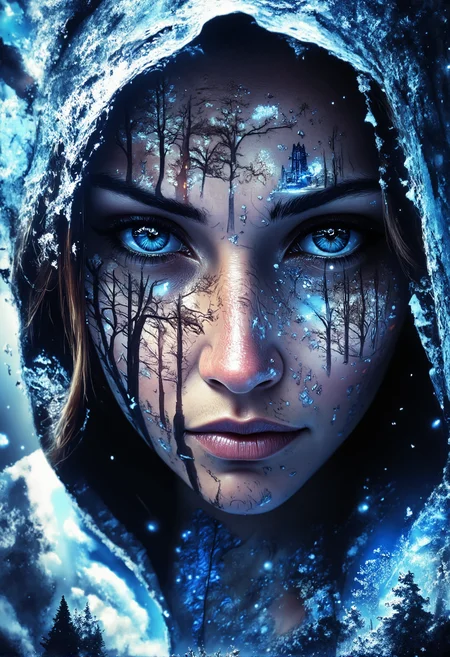 aidmaMJ6.1, darkcore, Jeddblexpsre,double exposure, ethereal. A close-up shot of a breathtaking young womanâs face, where her facial features are softly blended with an ethereal overlay of falling snowflakes. Her piercing blue eyes and delicate skin textures are visible through the translucent silhouette of the forest, creating a dreamy, surreal double exposure effect. The icy crystals on the hood of her light blue medieval cloak merge harmoniously with the natural elements. The soft lighting highlights both the woman and the superimposed scene, while shadows and highlights enhance the depth, giving the composition a balanced, thought-provoking appearance., <lora:FluxDFaeTasticDetails.safetensors:1.0:1.0> <lora:aidmaMJ6.1-FLUX-V0.2.safetensors:1.0:1.0> <lora:Flux DoubleExposure_epoch_1.safetensors:1.0:1.0> <lora:NebulaNexus_v1.safetensors:0.7000000000000001:0.7000000000000001>