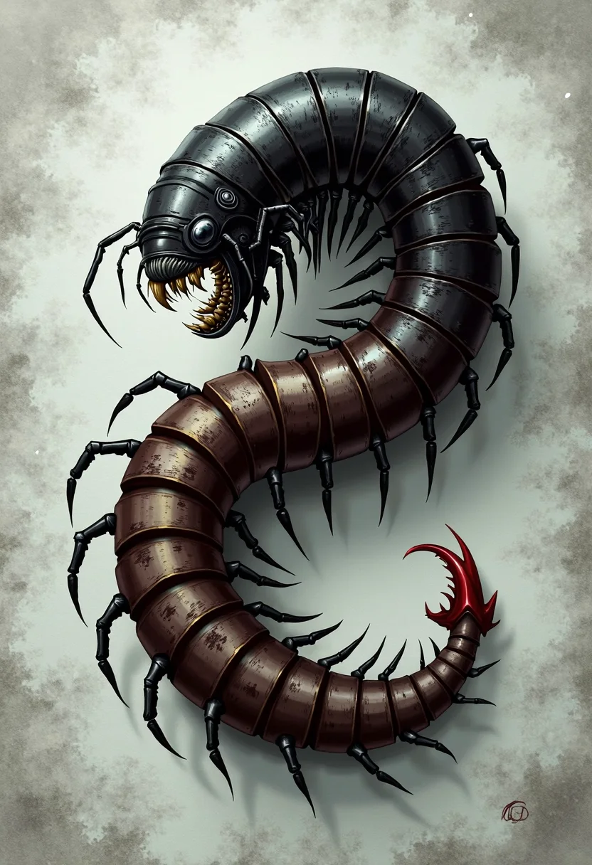 yfg-bgy a worm-like creature with a dark, chitinous exoskeleton and numerous thin legs curls dynamically against a textured, light background. it features a prominent, toothed maw or mouth structure at its anterior end, which is partially obscured by darker, overlapping plates. the segments of its body are detailed with subtle striations and variations in color, transitioning from a deep brown to a slightly lighter, almost metallic hue. at the posterior end, a distinctive, reddish pincer or claw is visible. the image blends elements of science fiction and fantasy, anatomical detail, and a sense of dynamic movement.