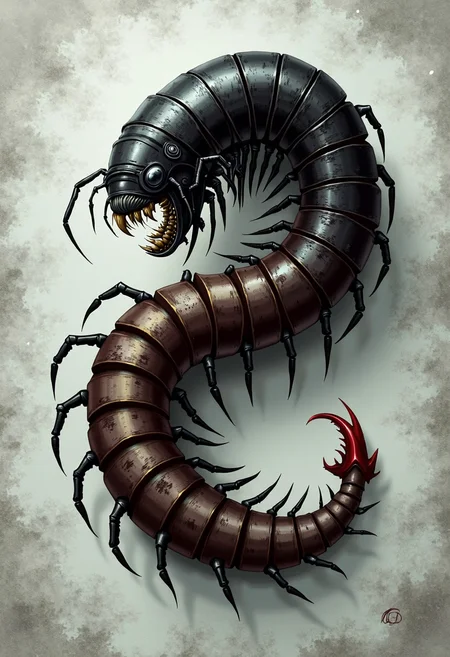 yfg-bgy a worm-like creature with a dark, chitinous exoskeleton and numerous thin legs curls dynamically against a textured, light background. it features a prominent, toothed maw or mouth structure at its anterior end, which is partially obscured by darker, overlapping plates. the segments of its body are detailed with subtle striations and variations in color, transitioning from a deep brown to a slightly lighter, almost metallic hue. at the posterior end, a distinctive, reddish pincer or claw is visible. the image blends elements of science fiction and fantasy, anatomical detail, and a sense of dynamic movement.