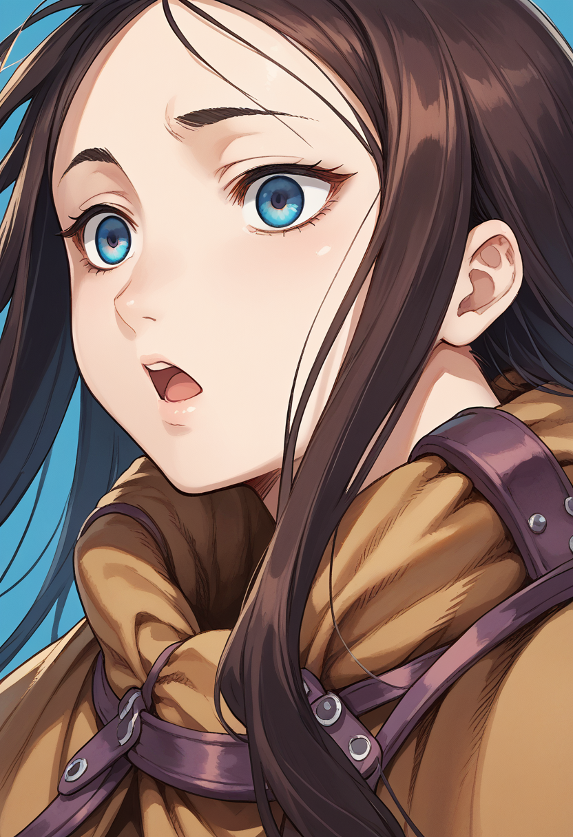 score_9, score_8_up, score_7_up, Chun_Hyang, face close-up, head tilted to left, motion lines, cloak, 1girl, solo, open mouth, blue background