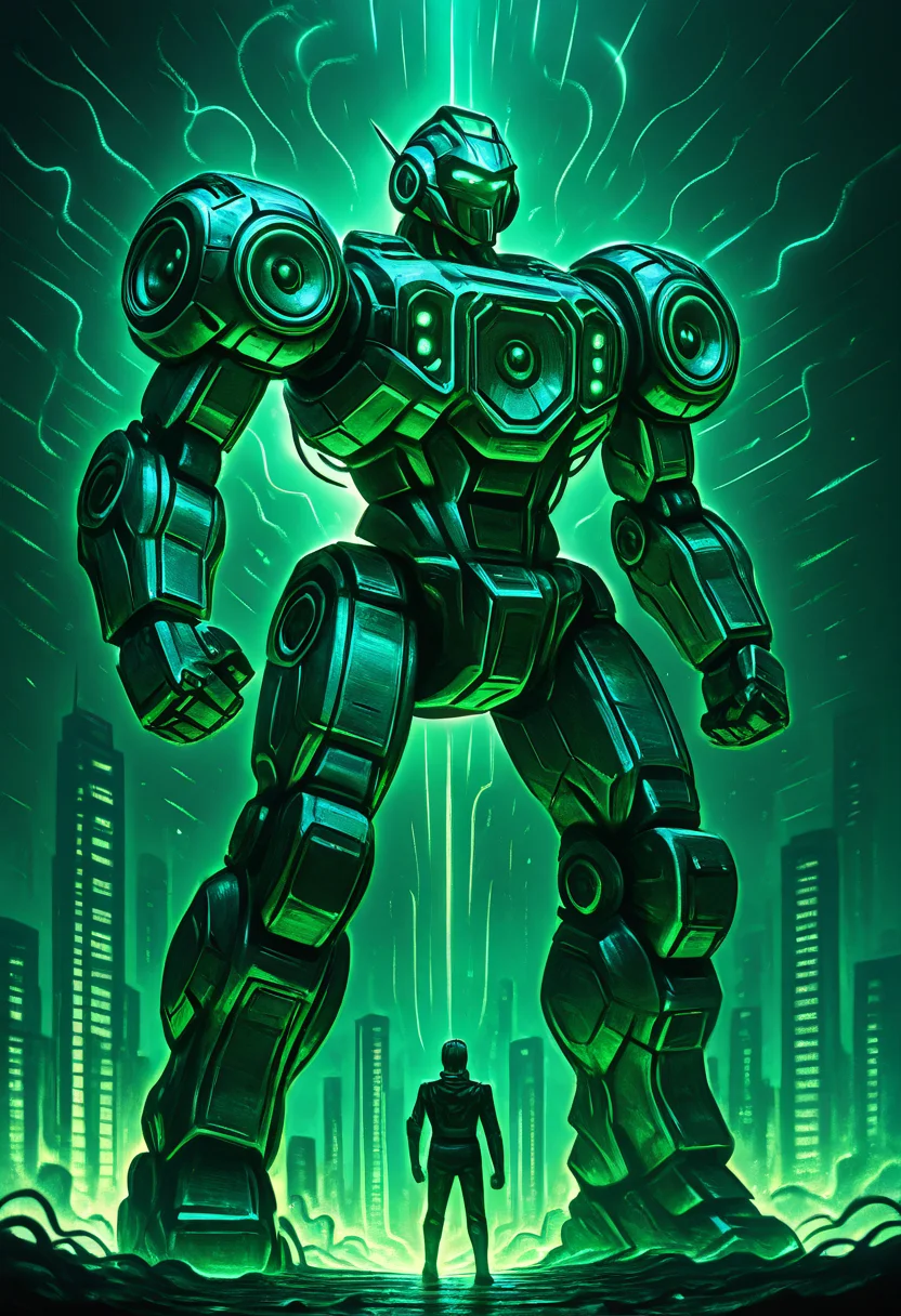 masterpiece, best quality, AdFF, mecha, green theme, <lora:AudioFileFuture_IXL_v1:1.0>,