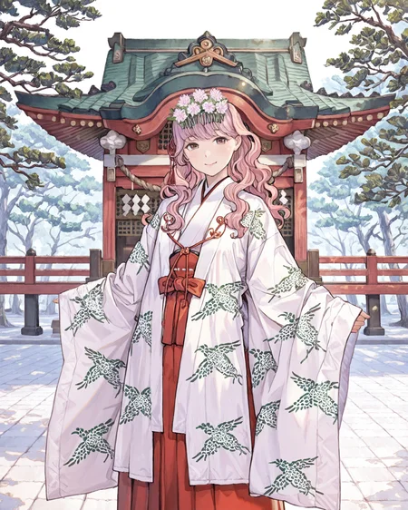 1girl, chihaya, flower headdress, wearing chihaya, wavy hair, pink hair, light_smile, river in background, japanese shrine, beautiful trees, jacquard fabric, detailed patterns, patterned fabric, masterpiece, highest quality, absurdres, digital art, very detailed, 8k, best quality, high resolution, <lora:Chihaya_Illustrious:1.2>, <lora:granblue-noob:1>