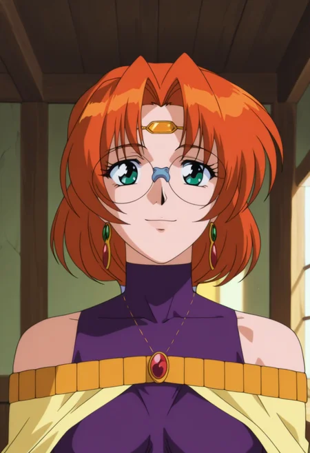 masterpiece, best quality, amazing quality, absurdres, anime coloring, retro artstyle, 1990s (style), 1girl, solo, (portrait:1.2), ailaww, mature female, green eyes, orange hair, long hair, low ponytail, glasses, rimless eyewear, medium breasts, circlet, yellow capelet, purple turtleneck shirt, sleeveless, covered collarbone, bare shoulders, looking at viewer, smile, indoors, day, skindentation, detailed clothing folds, depth of field, sharp, high contrast, dynamic light <lora:Aila_Mahou_Senshi_Louie_ill:0.9>
