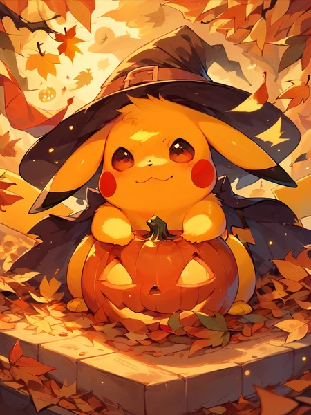score_9, score_8_up, score_7_up, score_6_up, score_5_up,   <lora:halloweenpokemonXLP:1> halloween pokemon, no humans, pokemon (creature), halloween, jack-o'-lantern, witch hat, autumn leaves, pikachu,