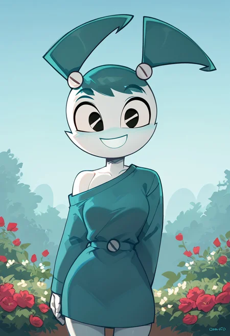 (Masterpiece, best quality:1.2), score_9, score_8_up, flat color, flat shading, soft shading, lighting, Jenny Wakeman in a blue ruffle off the shoulder dress with a blue maxi dress, twintails, blue hair, My Life as a Teenage Robot, series accurate, beautiful, best high quality, high res, robot, humanoid robot, whole body shot, 1girl, ((solo, outside, in a garden, clear blue sky, sunny day)), smile, cowboy shot, cowboy shot, cartoon, cartoon style,