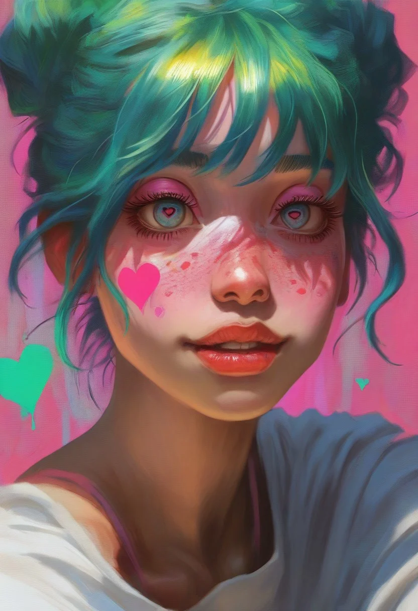 Femmes_ST, masterpiece, best quality, very aesthetic, high resolution, ultra-detailed, absurdres, newest, extremely detailed eyes, painterly, neon colours, close-up portrait, 1 girl, hair bun, ((green hair:1)), pink colours, heart blush, freckles, white shirt, in lush style,