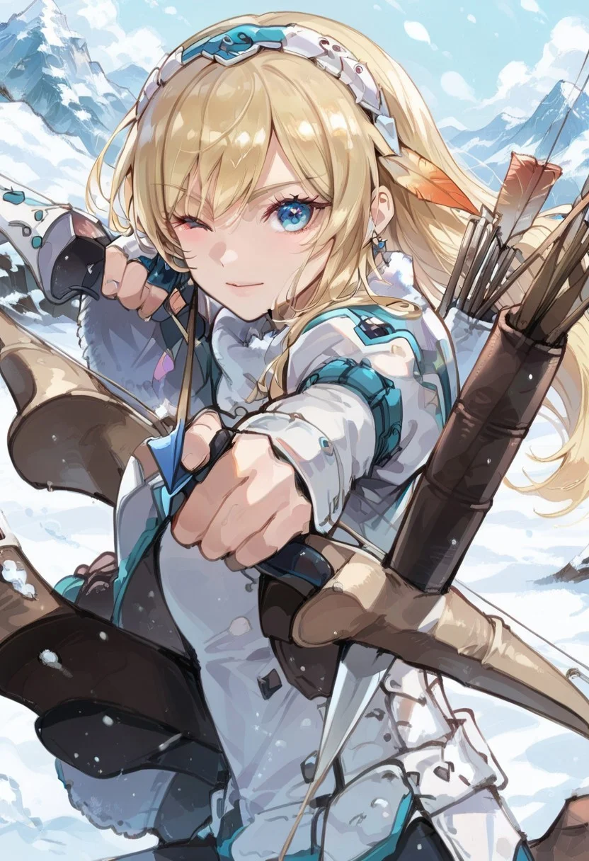 score_9, score_8_up, score_7_up,
source_anime,
BREAK
1girl, blonde hair, bangs,earring,sidelocks,blue eyes,
smile,happy,
one eye closed,
BREAK
barioth x armor, white helmet, white boots, white gauntlets,
(holding_bow_(weapon):1.2, aiming_at_viewer, aiming, holding arrow, arrow_(Projectile),
outdoor,snow, mountain,
upper body,
looking at viewer