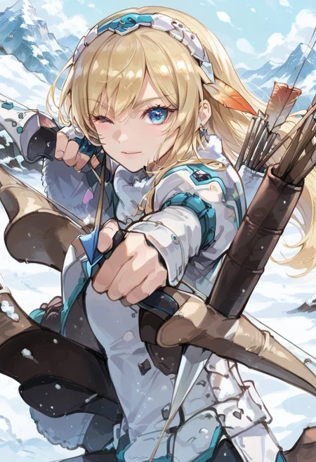 score_9, score_8_up, score_7_up,
source_anime,
BREAK
1girl, blonde hair, bangs,earring,sidelocks,blue eyes,
smile,happy,
one eye closed,
BREAK
barioth x armor, white helmet, white boots, white gauntlets,
(holding_bow_(weapon):1.2, aiming_at_viewer, aiming, holding arrow, arrow_(Projectile),
outdoor,snow, mountain,
upper body,
looking at viewer