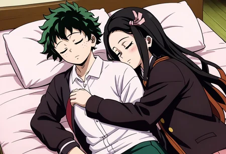 Kamado_Nezuko and Midoriya Izuku, sleeping together, couple
