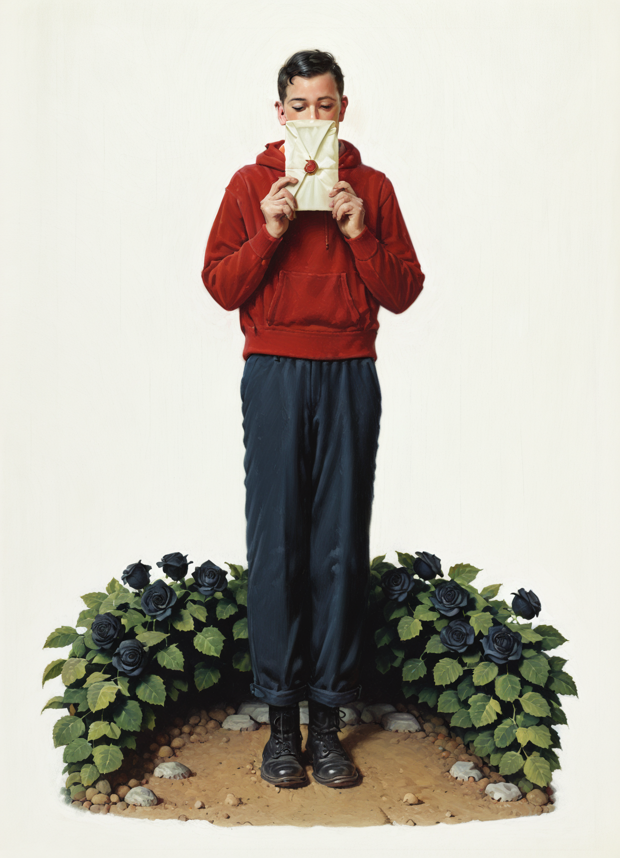 masterpiece, best quality, amazing quality, very aesthetic, absurdres, realistic, photorealistic, norman rockwell,

(1boy, solo, black hair:1.1), short hair, red hoodie, black jeans, black boots, ankle boots,

full body, standing, facing viewer,

black rose, rose background, rose bush, overgrowth, hedge, leaf, simple background, white background,

holding envelope, covering own mouth, skinny, ground, dirt, pebble