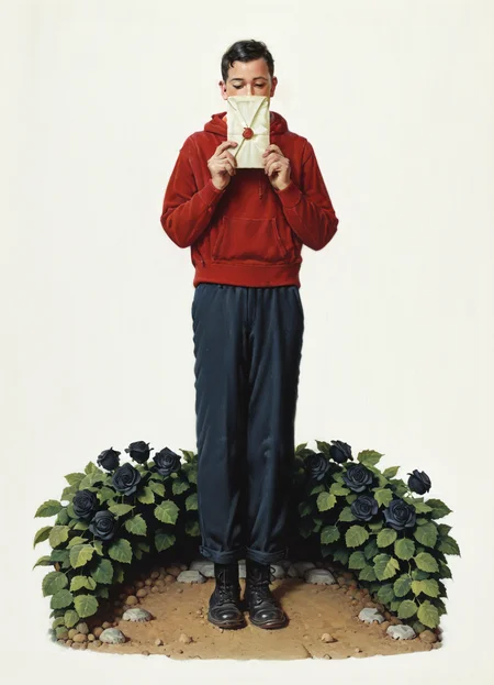 masterpiece, best quality, amazing quality, very aesthetic, absurdres, realistic, photorealistic, norman rockwell,

(1boy, solo, black hair:1.1), short hair, red hoodie, black jeans, black boots, ankle boots,

full body, standing, facing viewer,

black rose, rose background, rose bush, overgrowth, hedge, leaf, simple background, white background,

holding envelope, covering own mouth, skinny, ground, dirt, pebble