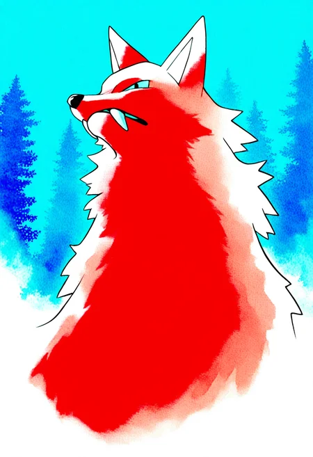 ict style,watercolor \(medium\), pokemon \(creature\),ruby fur, fangs, forest,masterpiece, best quality, amazing quality, very aesthetic, absurdres <lora:KenSugimoriIllus:1>