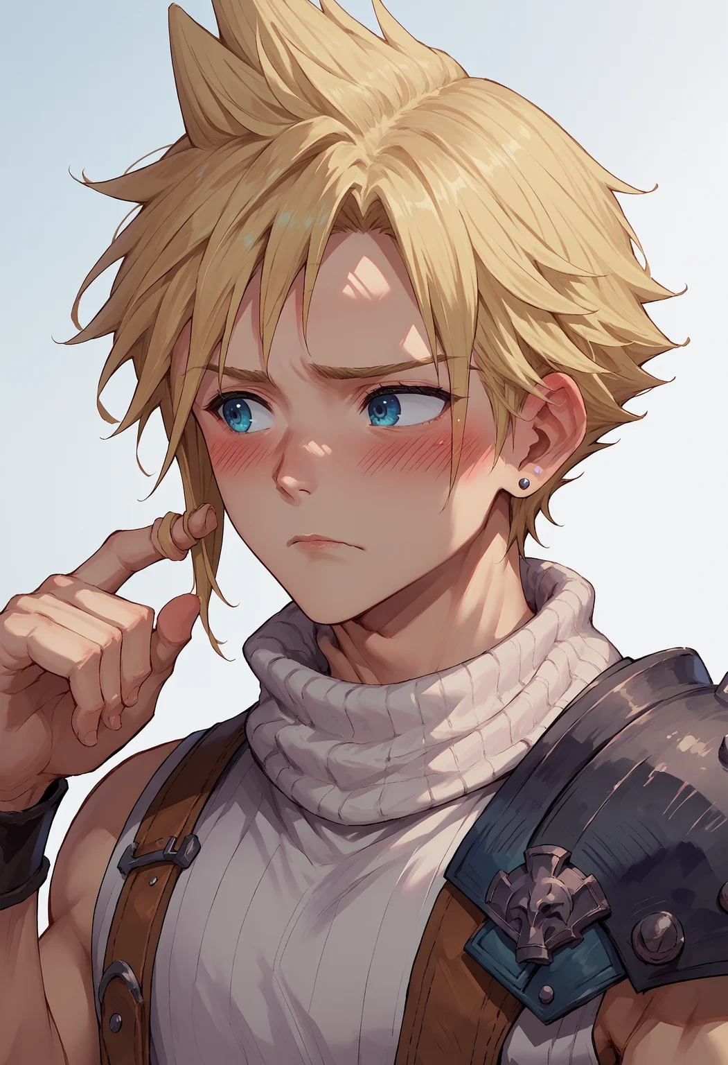 score_9, score_8_up, score_7_up, source_anime, 1boy, twirling hair, <lora:TwirlingHair_XLPD:1.2>, blush, shy, <lora:cloudstrife-pdxl-nvwls-v1:0.8> defCloud, blonde hair, single earring, suspenders, shoulder armor, sleeveless turtleneck, belt, upper body, outdoors,
