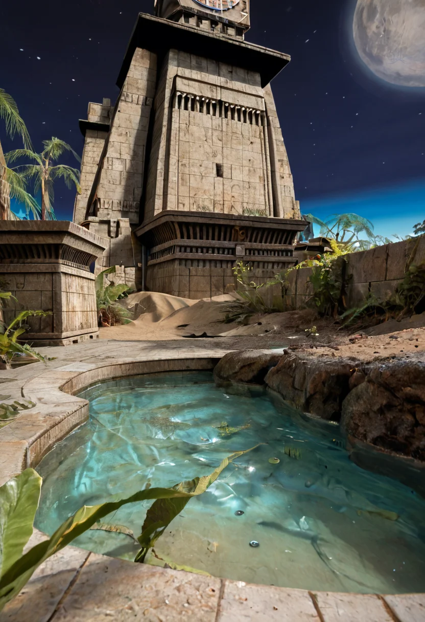 score_9, score_8_up, score_7_up, BREAK, RAW, photo, 8k, very sharp, very detailed, realistic, real, hyper realistic, Photorealistic, real photo, no people, no humans
distant structures, sky, stars, moon, tiles, tomb, sand, plants, pond, trees, stone wall, tiles, from below,
<lora:Unreal Tournament 2004 - Facing Worlds - Sun Blade_epoch_12:0.7> facing3worlds,