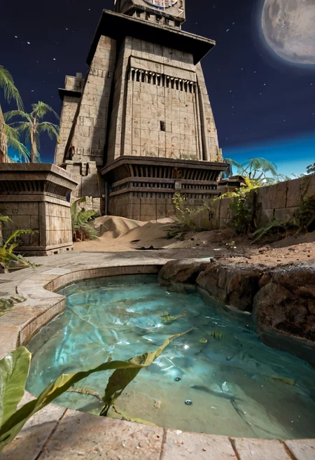 score_9, score_8_up, score_7_up, BREAK, RAW, photo, 8k, very sharp, very detailed, realistic, real, hyper realistic, Photorealistic, real photo, no people, no humans
distant structures, sky, stars, moon, tiles, tomb, sand, plants, pond, trees, stone wall, tiles, from below,
<lora:Unreal Tournament 2004 - Facing Worlds - Sun Blade_epoch_12:0.7> facing3worlds,