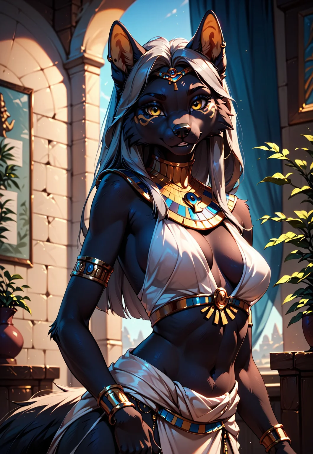 safe_pos, , score_9, score_8_up, score_7_up, score_6_up, photorealistic, epiCPhotoGasm-colorfulPhoto, Realistic, highres, super high resolution, 8k, photo, furry, Furry, anthro, fur, wolf, female, score_9, score_8_up, score_7_up, upper body shot, female furry fox,medium breasts, long tail, two-tone skin, black skin, white wool, black wool, white skin,gray hair ,yellow eyes,blurred room, wearing edgCBC_(egyptian clothes),jewelry