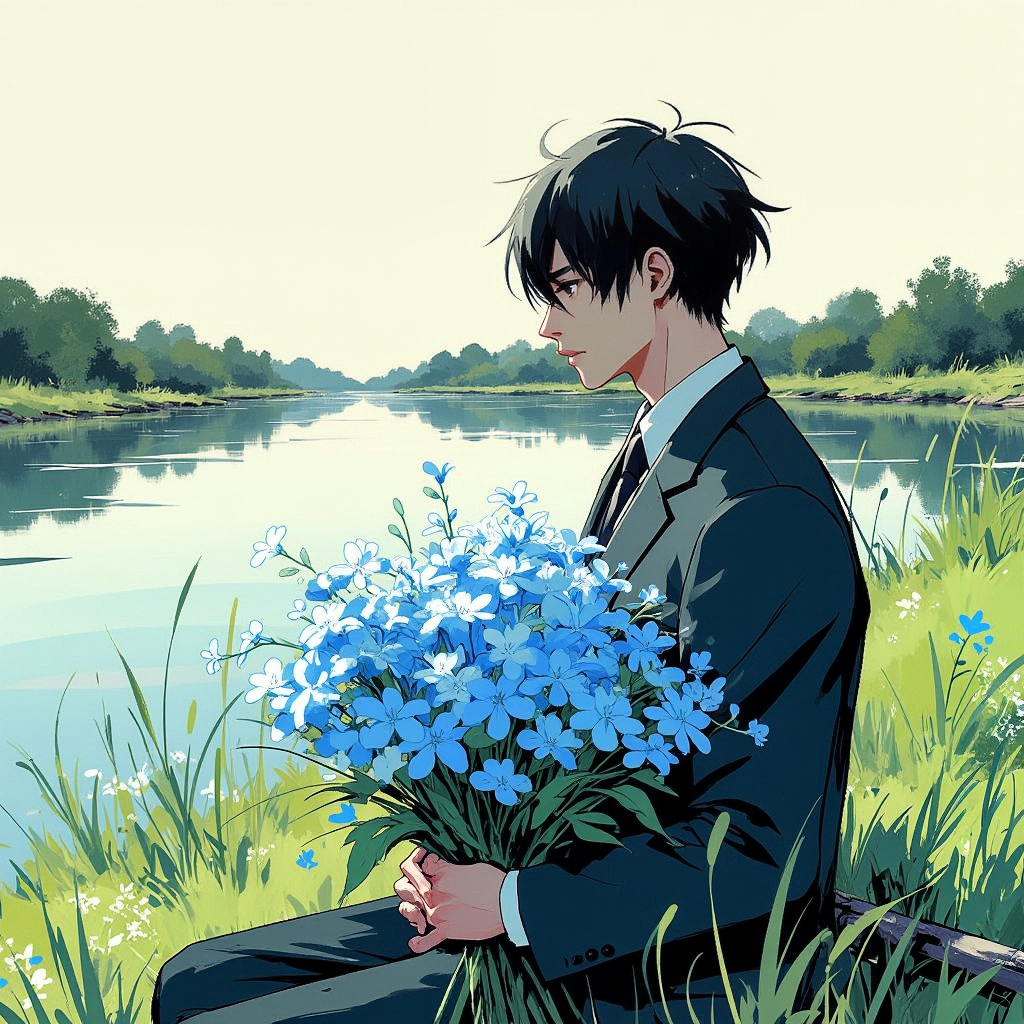 Special Ink-drawing mode, intricate linework with expressive contrasts, vibrant and muted colors blend harmoniously, era 2020s fantasy, varied fashion themes duo, bold and imaginative style, Rating SFW, a man with a bouquet of light blue flowers by the river bank, soft lighting with dynamic highlights.,2D flat anime,animeniji,Mh1$AgThS2,cartoon-style