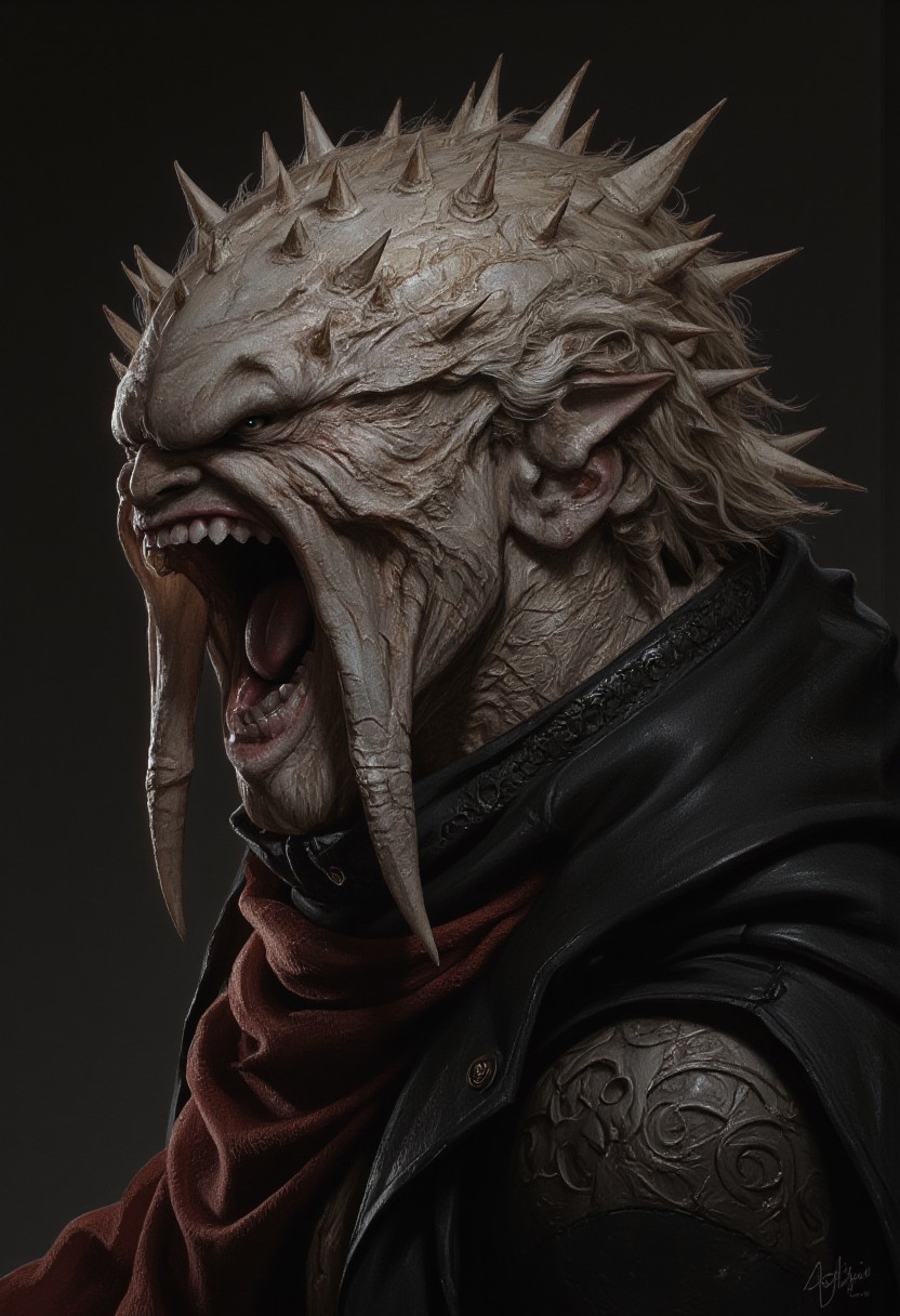 the Mokosh is an ancient, mythical creature, with long fangs, spikes, protruding from its head staring at you with old soulless eyes, skin like engraved stone where every grove tells a story. its presence demands respect  and loyalty, head and shoulder portrait, hyperdetailed, 8k resolution concept art, WLOP, Moebius, H.R. Giger, Royo, muddy, dark colors, minimal lighting, hyperrealism, digital illustration, intricate,( vapor:0.9), dorian cleavenger, brom, hyperrealism, digital illustration, horror, dark environment, (&:0)t  (photography, high-resolution, dynamic, energetic,hyper-realistic, dramatic lighting, shallow depth of field.)
