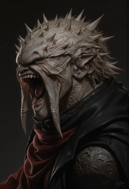 the Mokosh is an ancient, mythical creature, with long fangs, spikes, protruding from its head staring at you with old soulless eyes, skin like engraved stone where every grove tells a story. its presence demands respect and loyalty, head and shoulder portrait, hyperdetailed, 8k resolution concept art, WLOP, Moebius, H.R. Giger, Royo, muddy, dark colors, minimal lighting, hyperrealism, digital illustration, intricate,( vapor:0.9), dorian cleavenger, brom, hyperrealism, digital illustration, horror, dark environment, (&:0)t (photography, high-resolution, dynamic, energetic,hyper-realistic, dramatic lighting, shallow depth of field.)