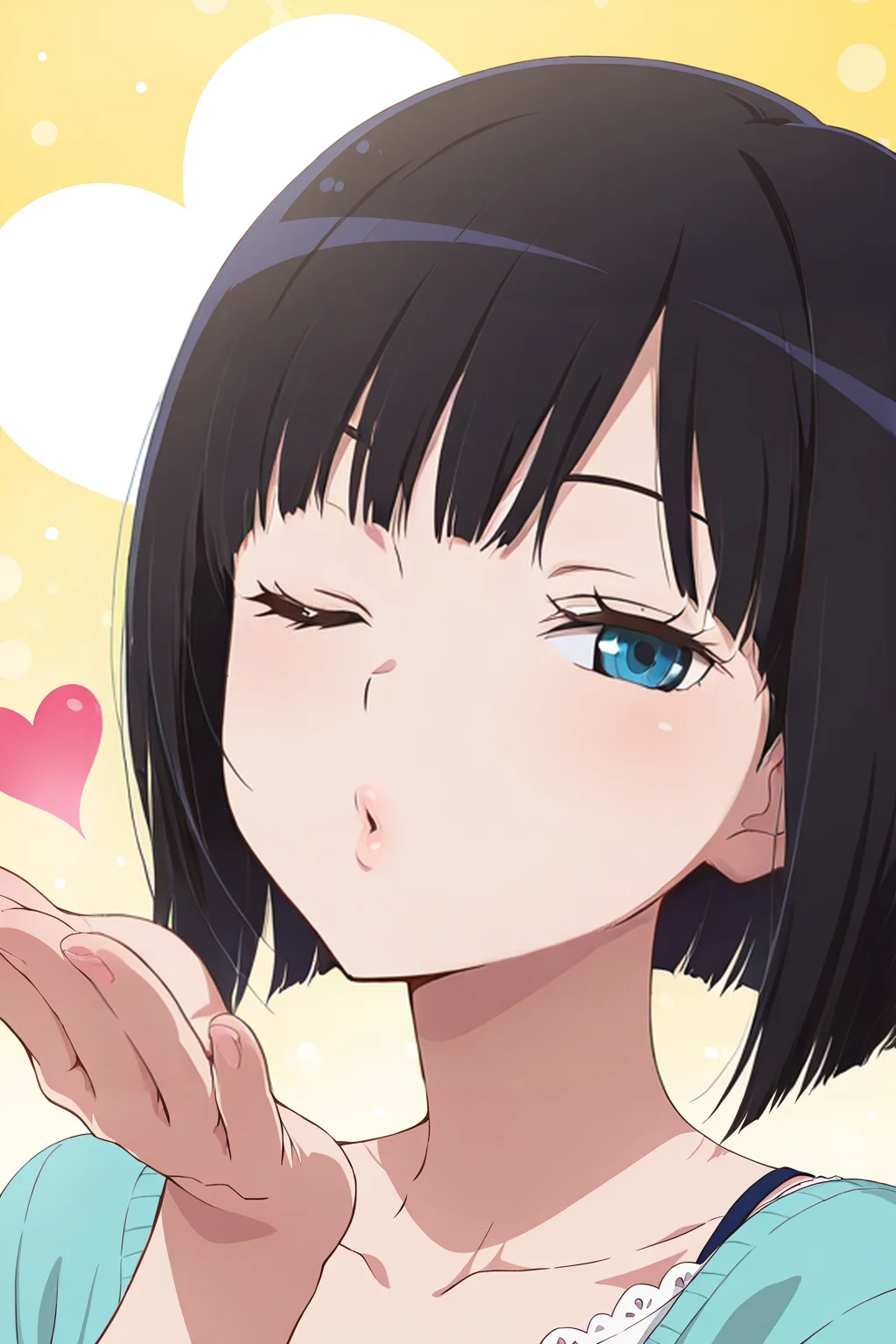 front view,blowing kiss,one eye closed,heart,
1girl,upper body,looking at viewer,
Best quality,masterpiece,soft light,official art,high quality,highres,absurdres,epic scene,natural textures,<lora:Yuka Kon IL:1>,yuka kon,black hair,short hair,bob cut,blue eyes,
