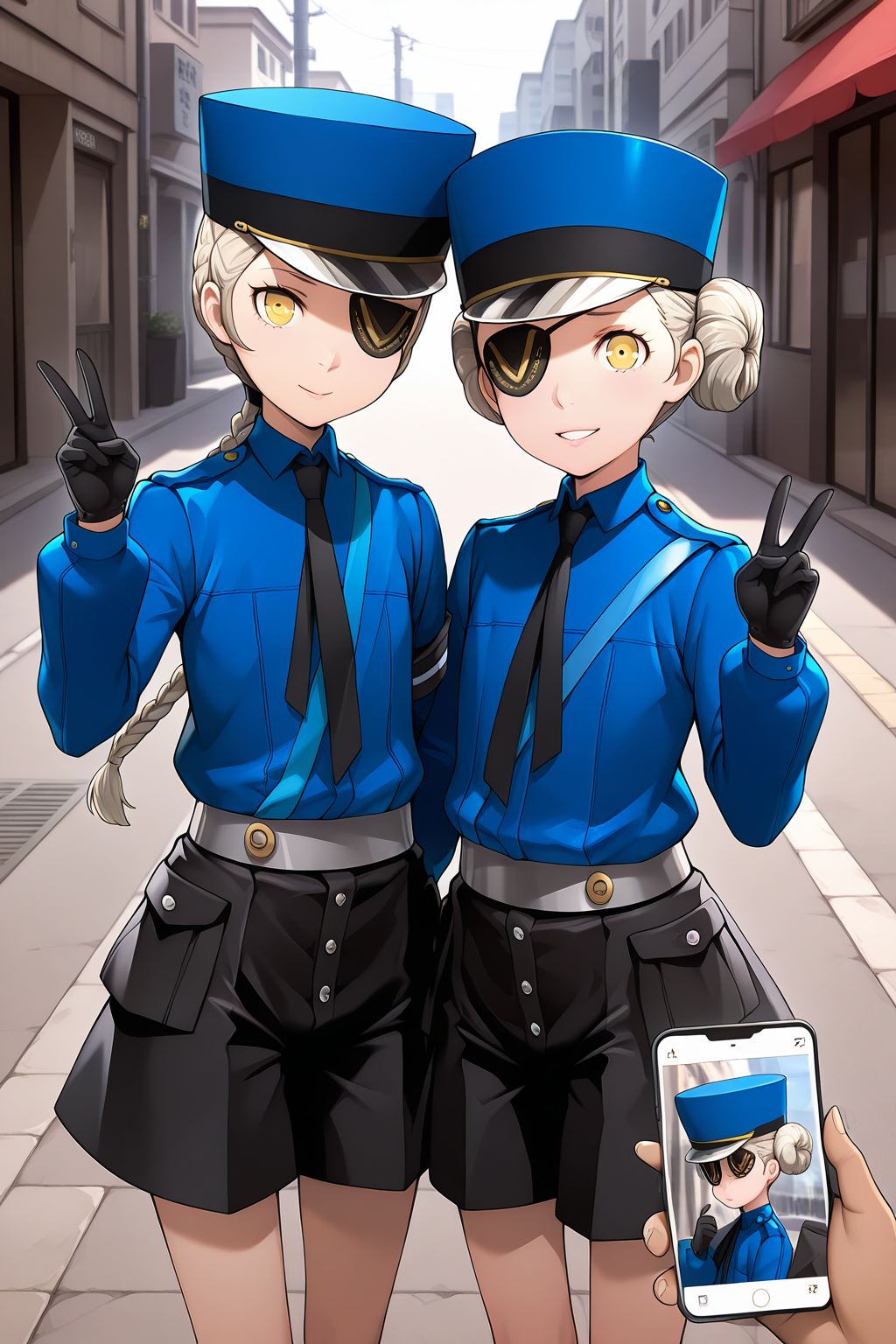 2girls,
CarolinePersona, JustinePersona,
general, side-by-side, pov hands, half body,
eyepatch, eyepatch over the left eye, police hat,
blue shirt, black gloves, black necktie, grey belt, black shorts,
looking at viewer, smile, v,  taking picture,male hand,
street,
<lora:kp_CarolineAndJustinePersonaIllustrious_v1_0:1.0>,
masterpiece, best quality, amazing quality