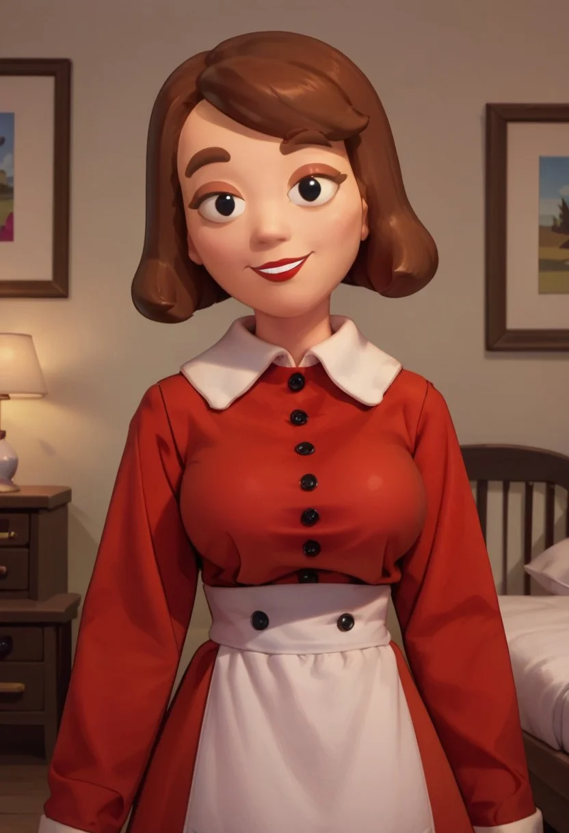 ((bedroom background)),score_9, score_8_up, score_7_up,score_6_up,
1girl, Solo, BlobertaP_MO, light skin, brown hair, short hair, black eyes, red lips, brown eyebrows, big eyes, long red dress with sleeves, white apron for waist, black flat shoes, medium stature, social smile, sexy face, cowboy shot, perfect eyes, perfect smile, looking at the viewer, big breasts, detailed eyes, perfect eyes, very close-up