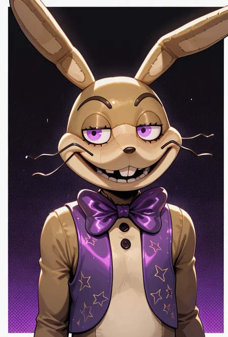 <lora:glitchtrap-04:1> glitchtrap, smile, purple bowtie, purple vest, , furry, 1boy, rabbit ears, masterpiece, best quality, amazing quality, very aesthetic, absurdres, newest,, upper body, halftone effect, white borders, abstract background:1.2,