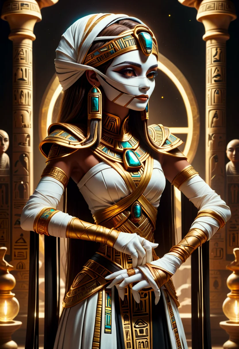 hyper detailed masterpiece, dynamic, awesome quality, female illusionist (diarylide brown,charmed,fantastical,beguiling,stun,supersolid,egyptian knots,bismuth,neodymium,white dwarf,cluster magic:1.0) <lora:DonMM00m13sXL:1>